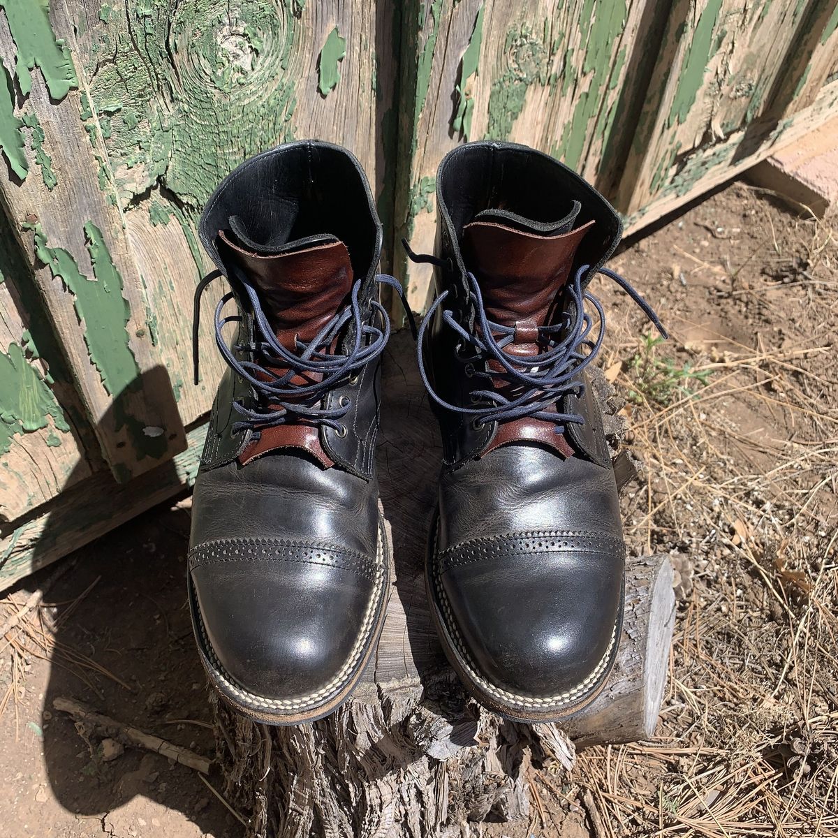 Photo by patinathunderdome on May 5, 2022 of the Viberg Service Boot in Maryam Noir Vitello Calf.