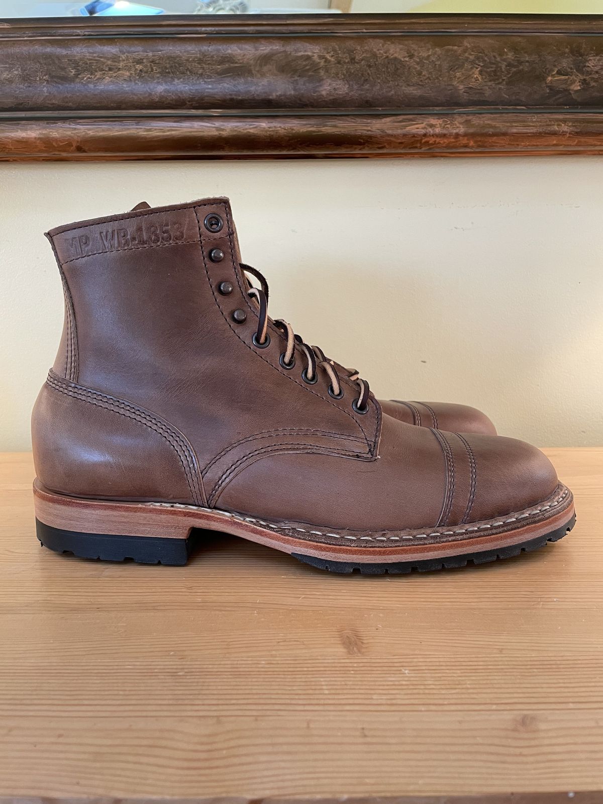 Photo by patinathunderdome on September 30, 2021 of the White's MP-Sherman Toe Cap in Horween Natural Chromexcel.
