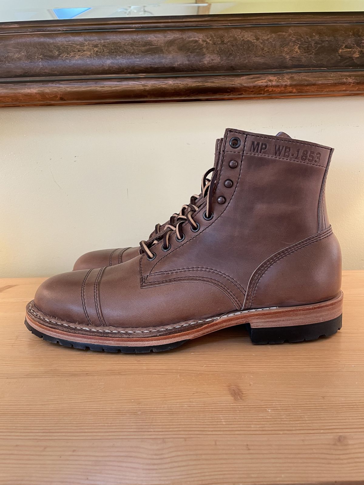 Photo by patinathunderdome on September 30, 2021 of the White's MP-Sherman Toe Cap in Horween Natural Chromexcel.