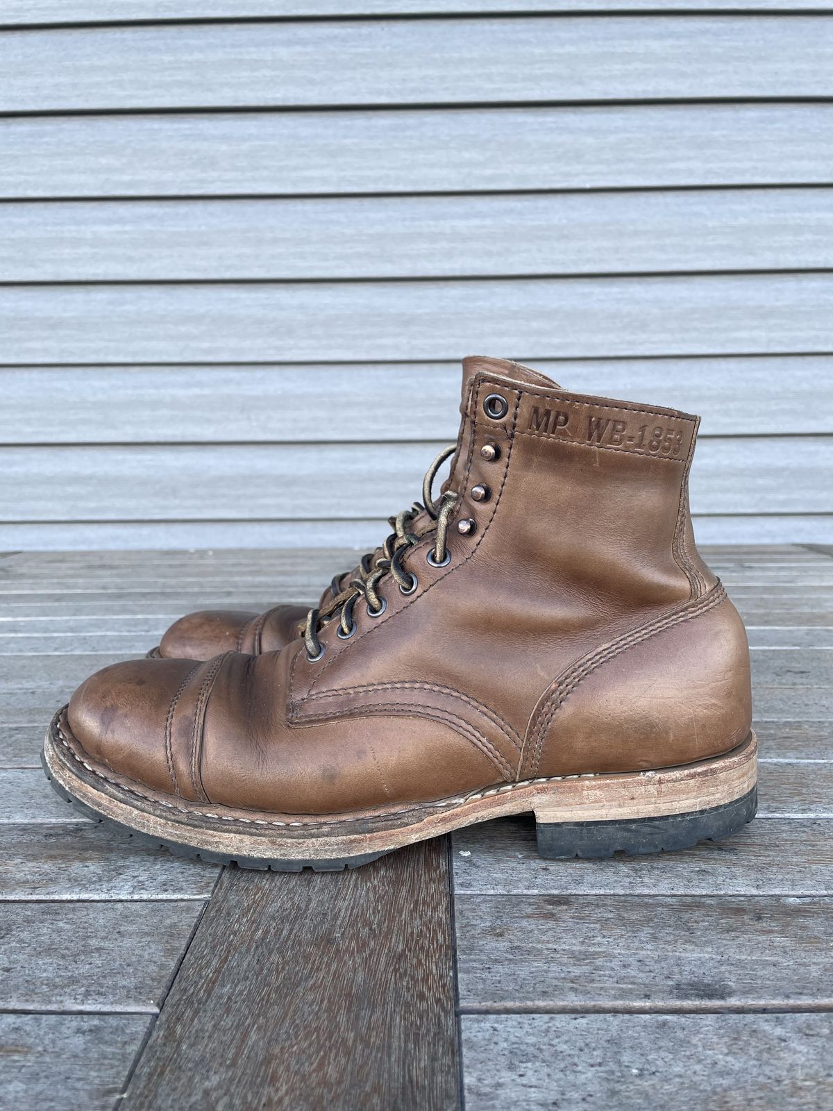 Photo by patinathunderdome on November 3, 2021 of the White's MP-Sherman Toe Cap in Horween Natural Chromexcel.