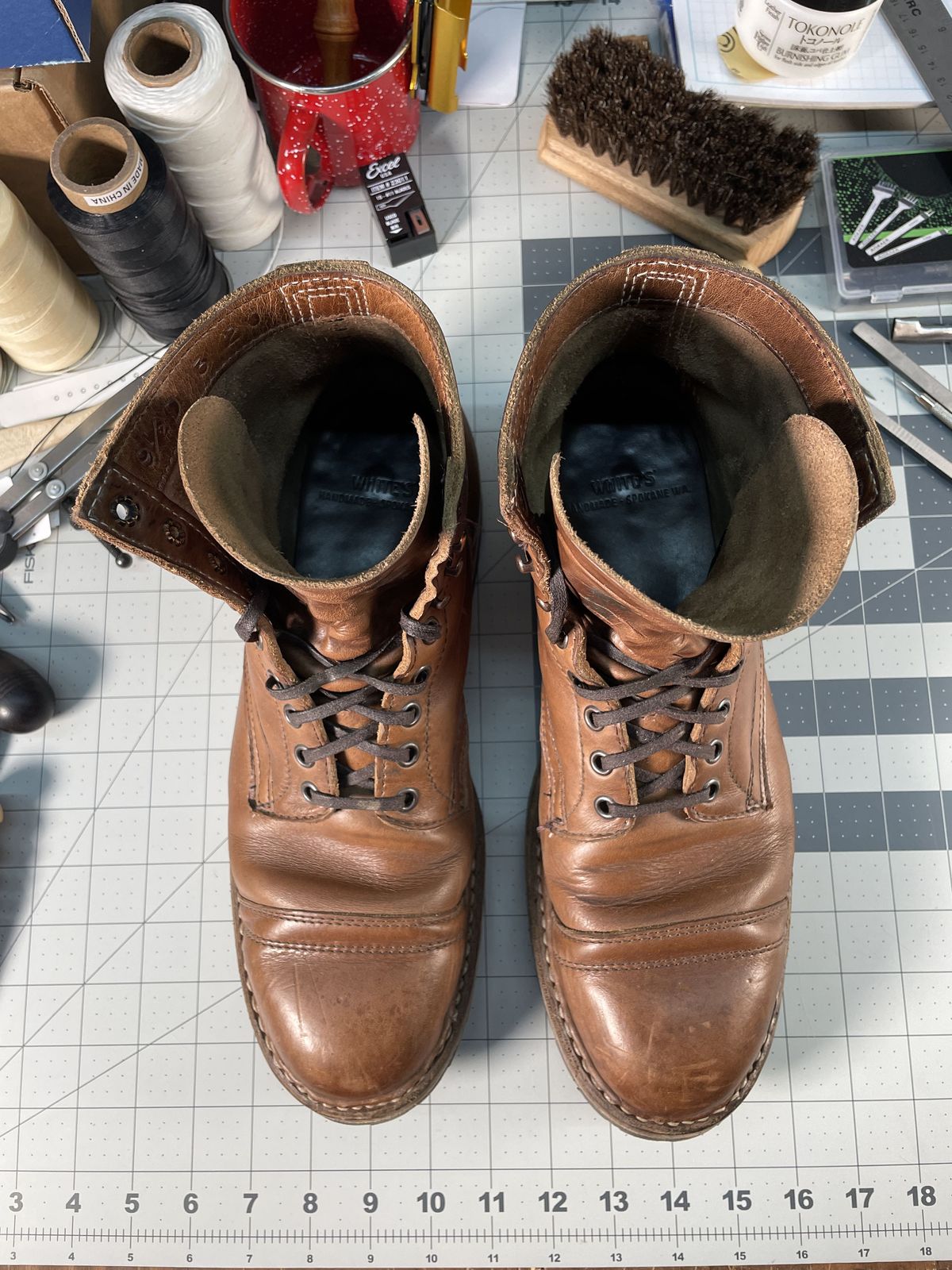 Photo by patinathunderdome on January 4, 2022 of the White's MP-Sherman Toe Cap in Horween Natural Chromexcel.