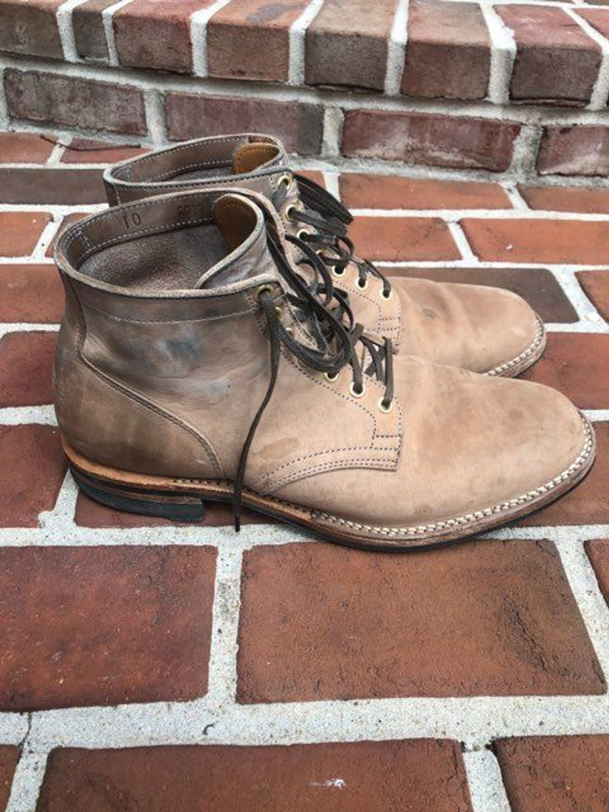 Photo by patinathunderdome on April 3, 2022 of the Viberg Service Boot in Maryam Light Grey Horsebutt.