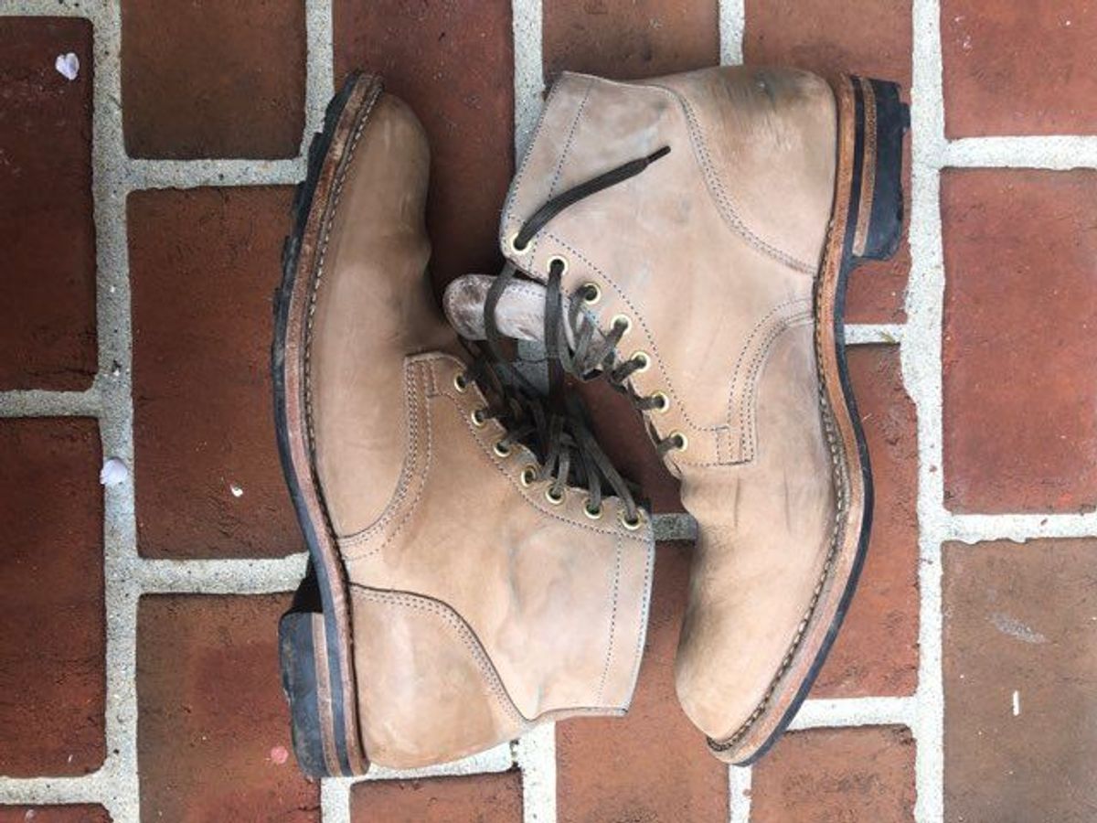 Photo by patinathunderdome on April 3, 2022 of the Viberg Service Boot in Maryam Light Grey Horsebutt.