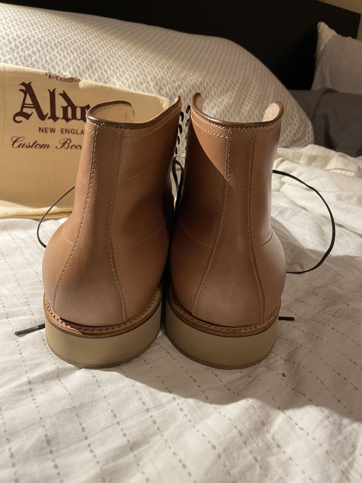 Photo by patinathunderdome on October 5, 2021 of the Alden Indy Boot in Horween Natural Chromexcel.