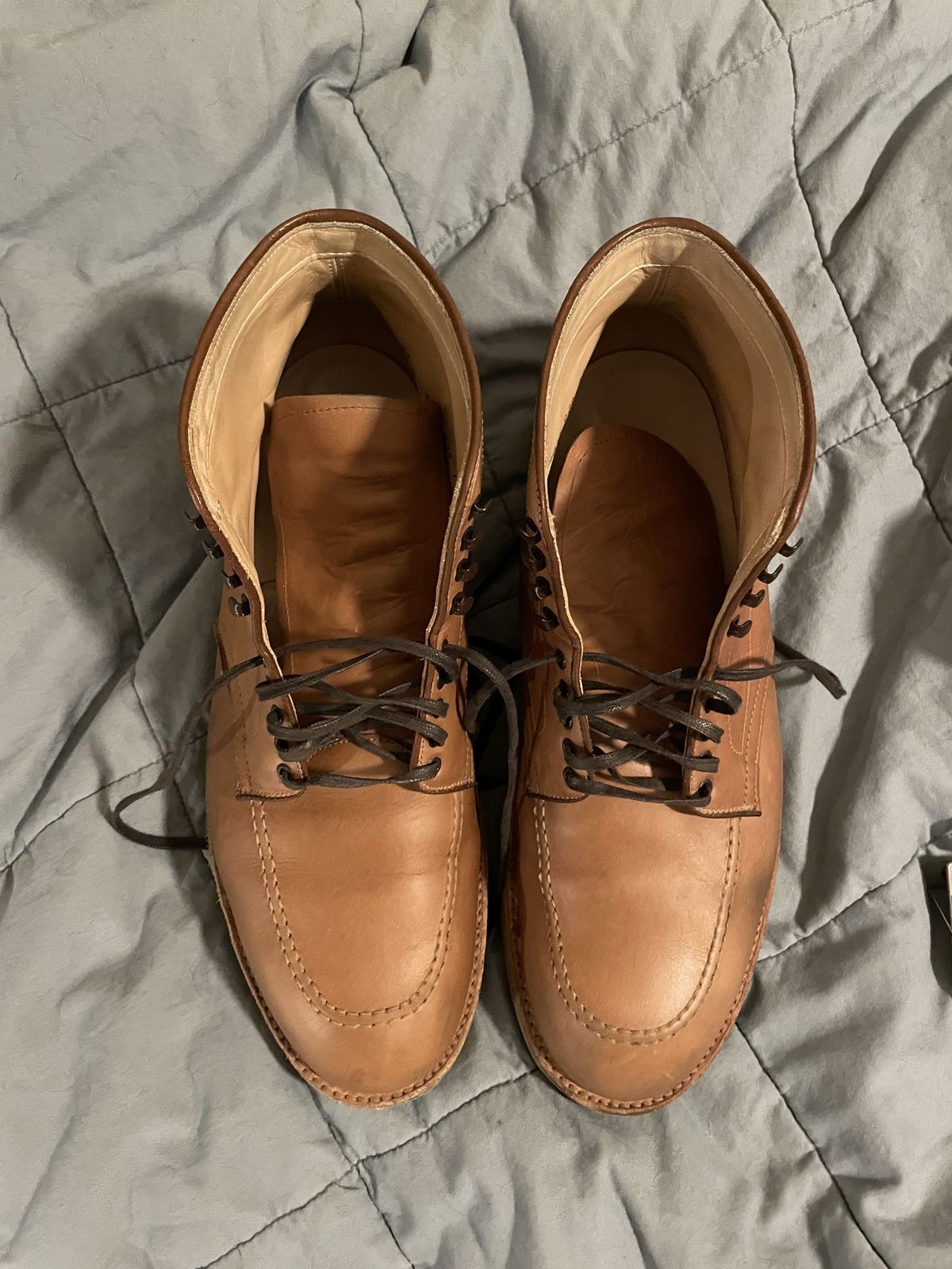 Photo by patinathunderdome on December 6, 2021 of the Alden Indy Boot in Horween Natural Chromexcel.