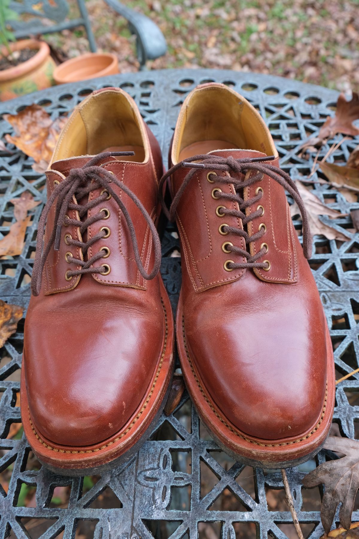 Photo by patinathunderdome on November 3, 2021 of the Sagara x Stitchdown Bandung Derby in Conceria Cloe Mahogany Horsebutt.