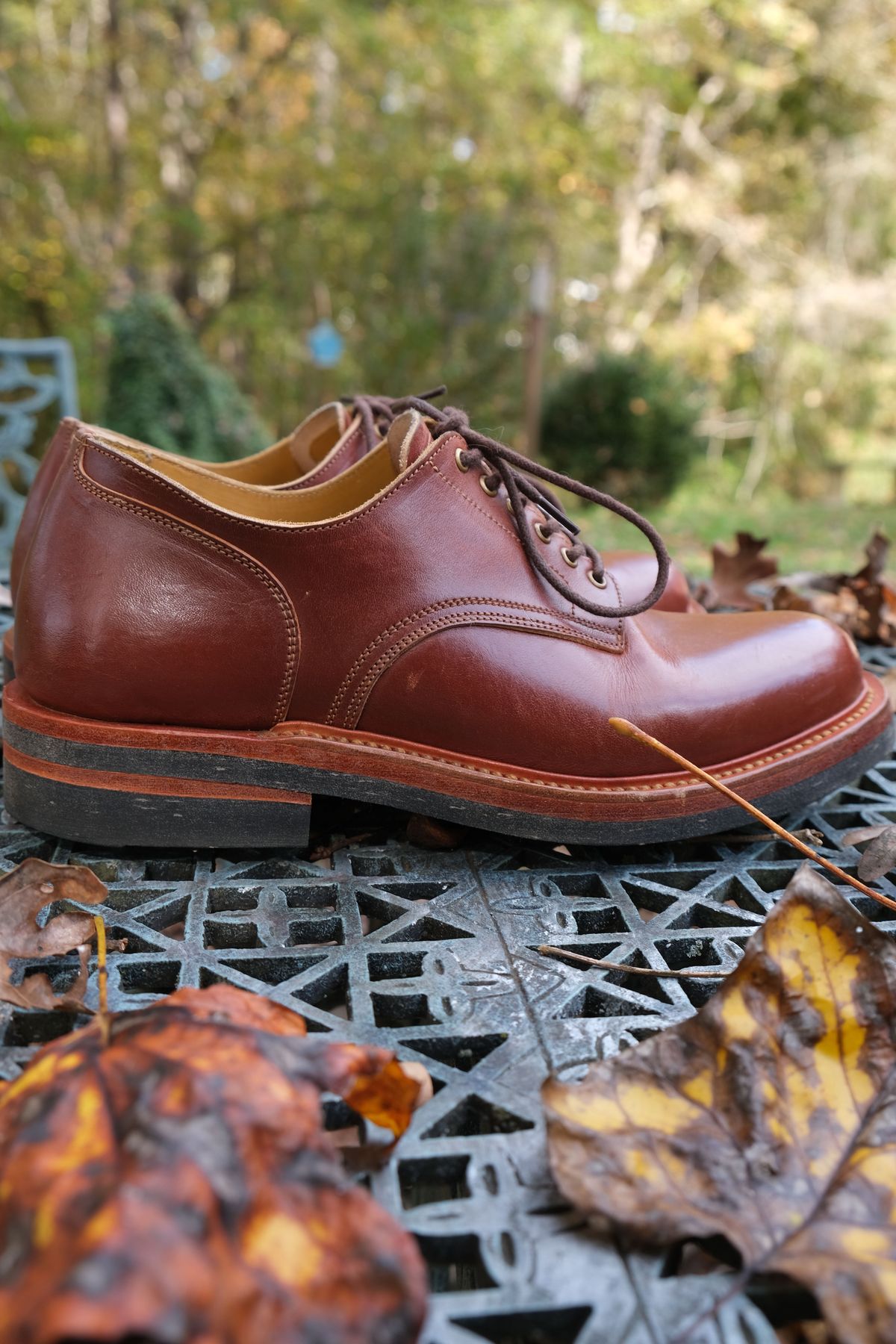 Photo by patinathunderdome on November 3, 2021 of the Sagara x Stitchdown Bandung Derby in Conceria Cloe Mahogany Horsebutt.