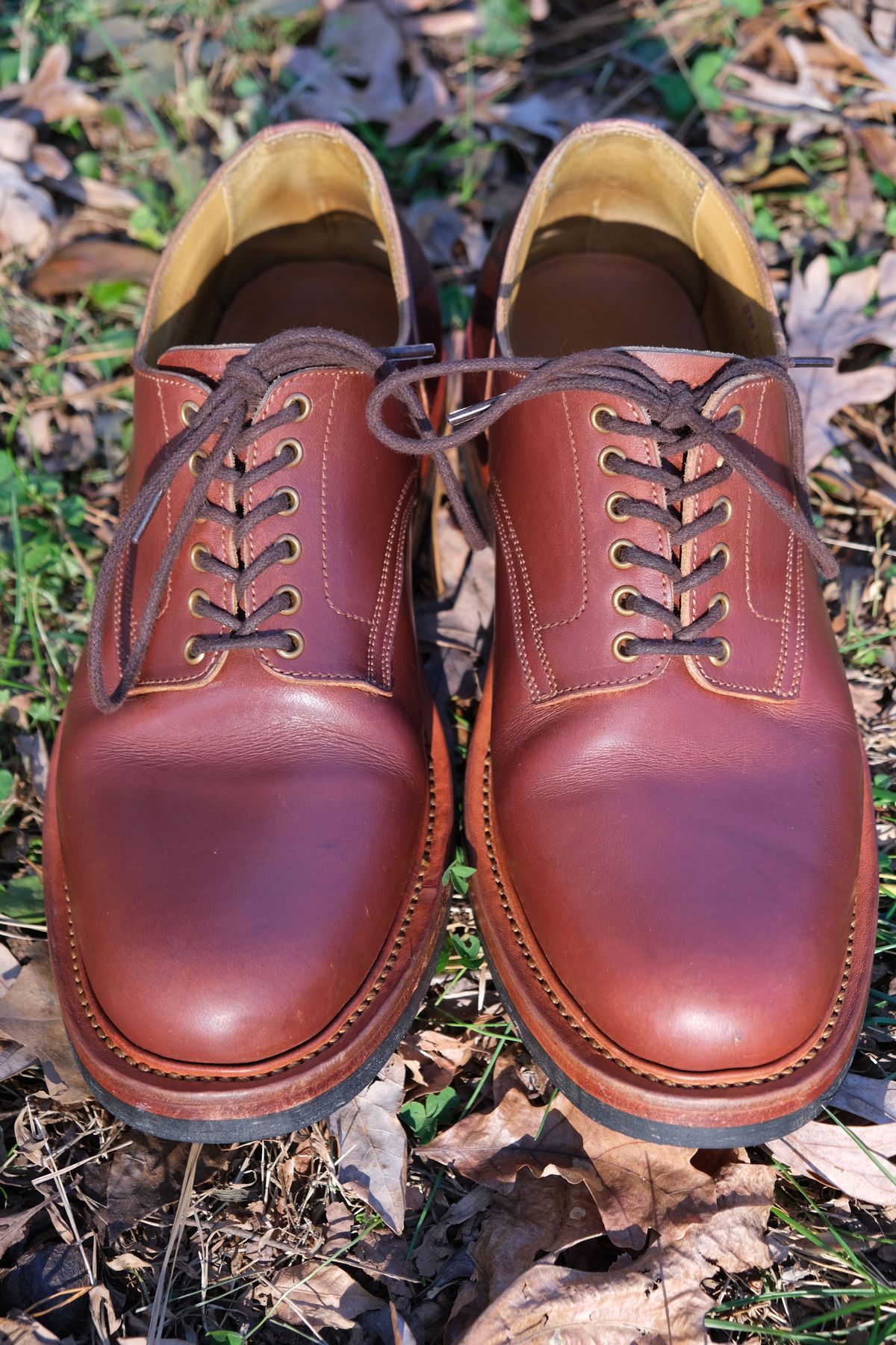 Photo by patinathunderdome on December 2, 2021 of the Sagara x Stitchdown Bandung Derby in Conceria Cloe Mahogany Horsebutt.