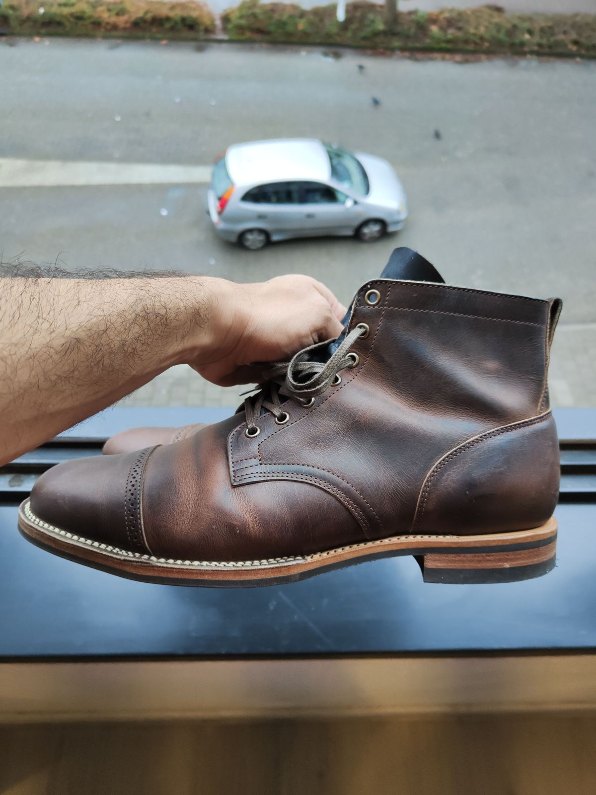 Photo by patinathunderdome on December 5, 2021 of the Viberg Service Boot in Horween Rowdy Dachshund.