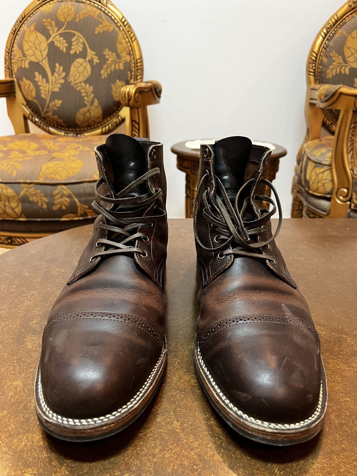Photo by patinathunderdome on January 4, 2022 of the Viberg Service Boot in Horween Rowdy Dachshund.