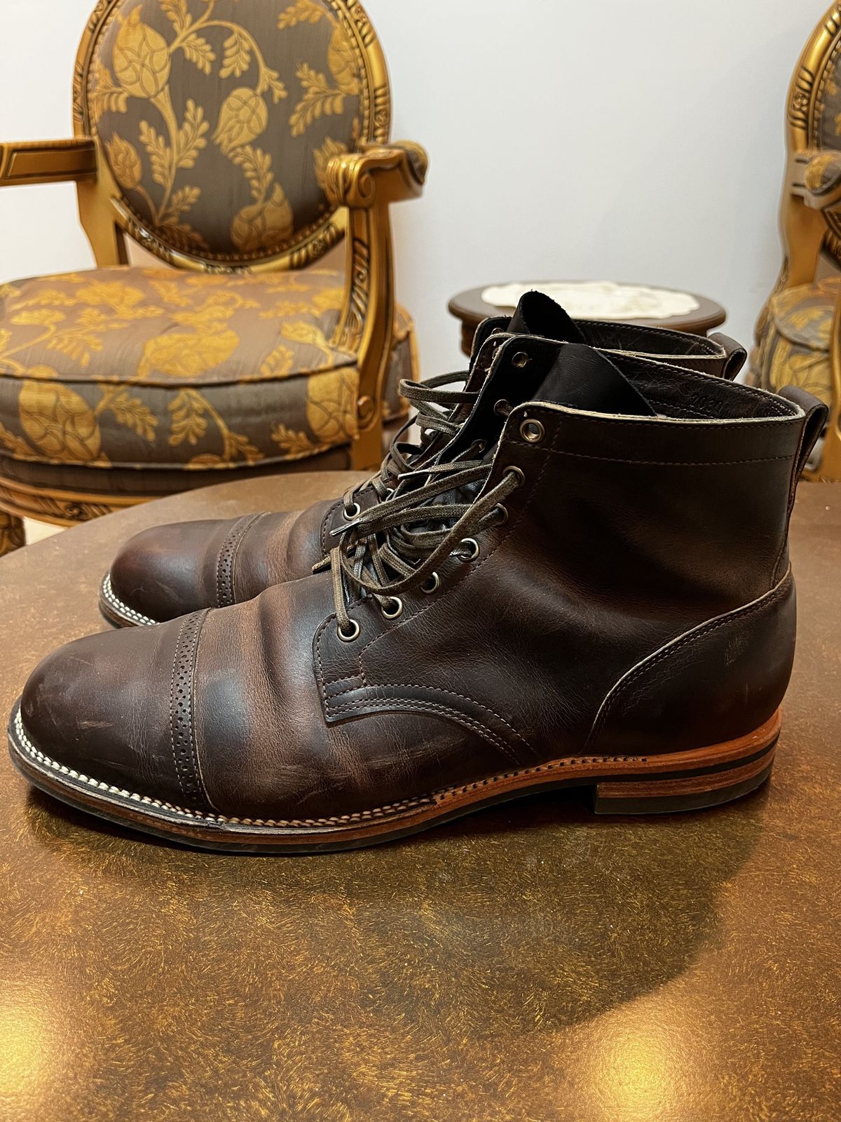 Photo by patinathunderdome on January 4, 2022 of the Viberg Service Boot in Horween Rowdy Dachshund.