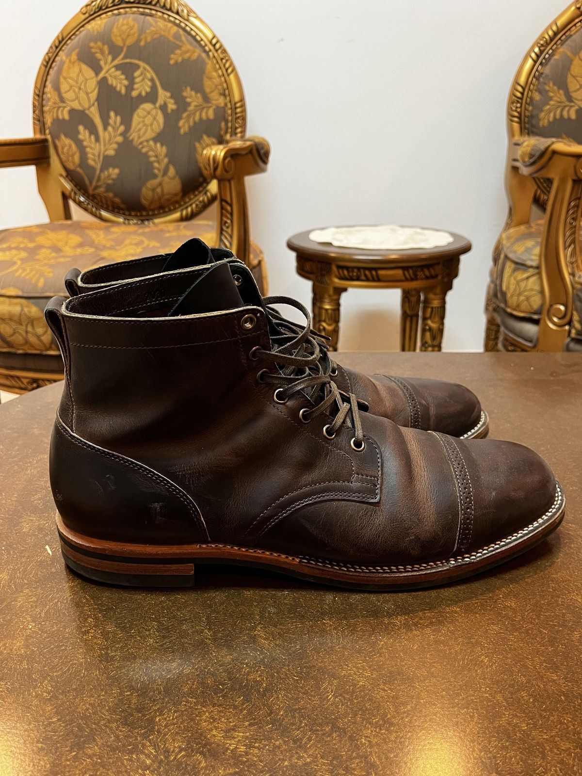 Photo by patinathunderdome on January 4, 2022 of the Viberg Service Boot in Horween Rowdy Dachshund.