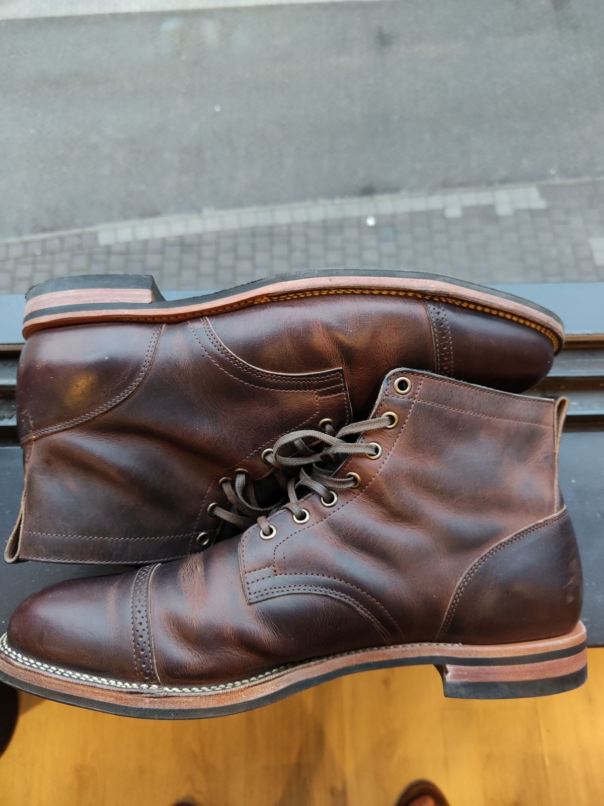 Photo by patinathunderdome on April 5, 2022 of the Viberg Service Boot in Horween Rowdy Dachshund.