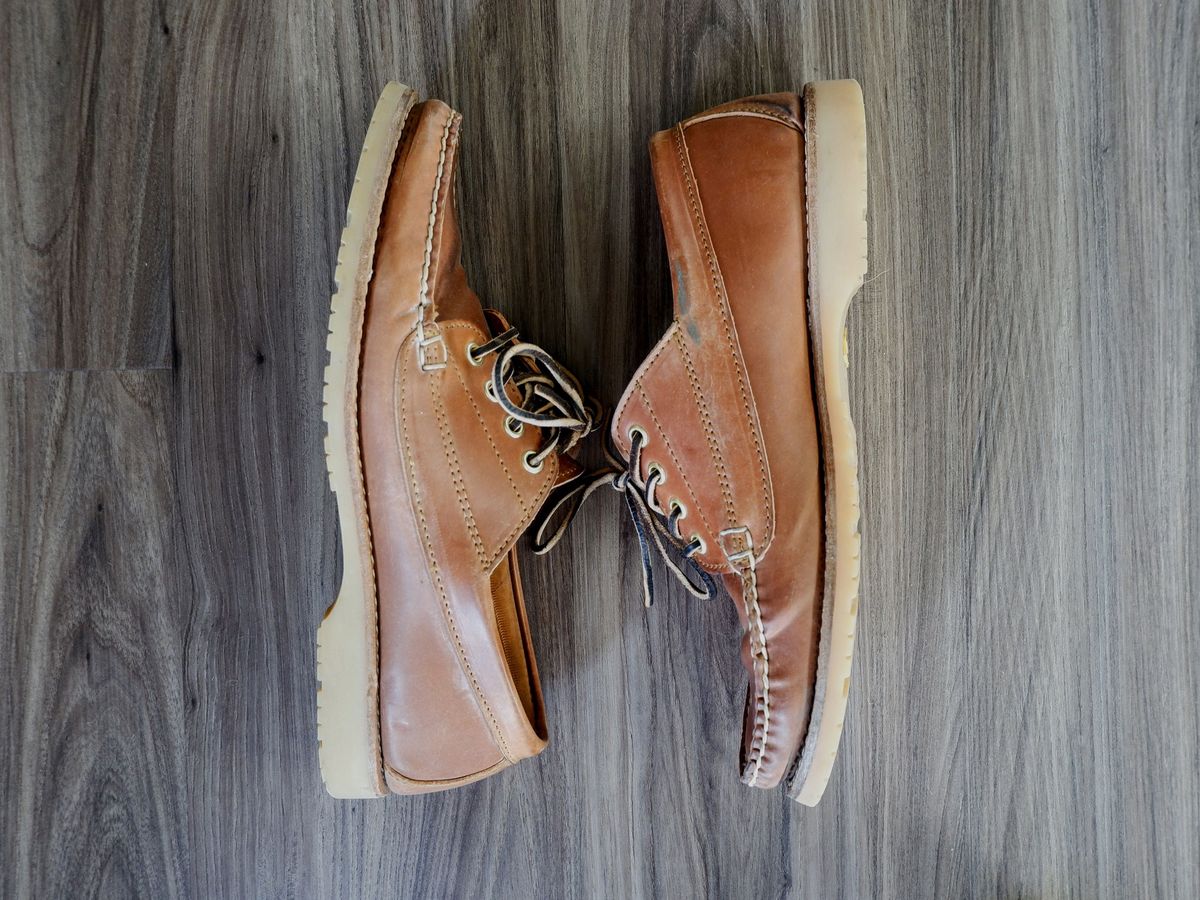 Photo by patinathunderdome on April 6, 2022 of the Rancourt & Co. Classic Ranger-Moc in Horween Natural Shell Cordovan.