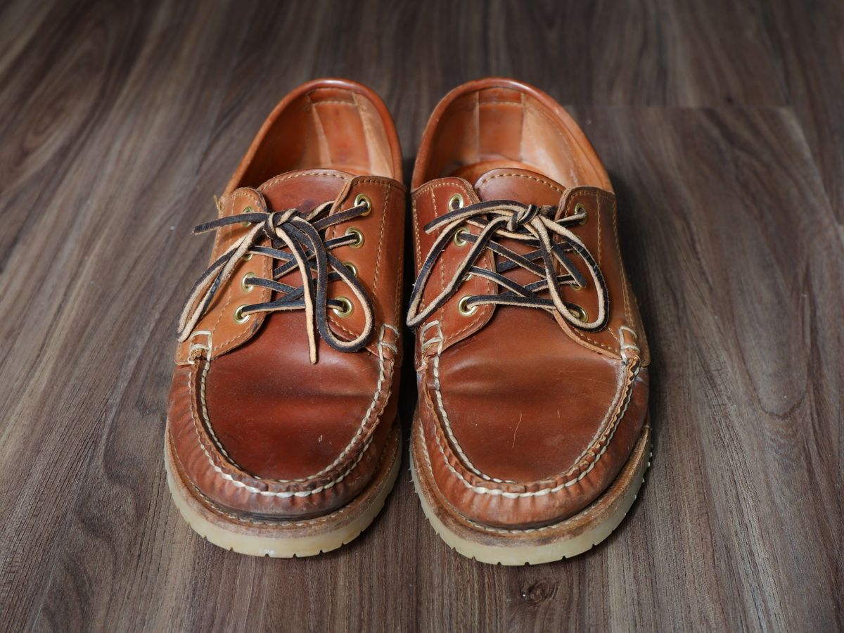 Photo by patinathunderdome on May 5, 2022 of the Rancourt & Co. Classic Ranger-Moc in Horween Natural Shell Cordovan.