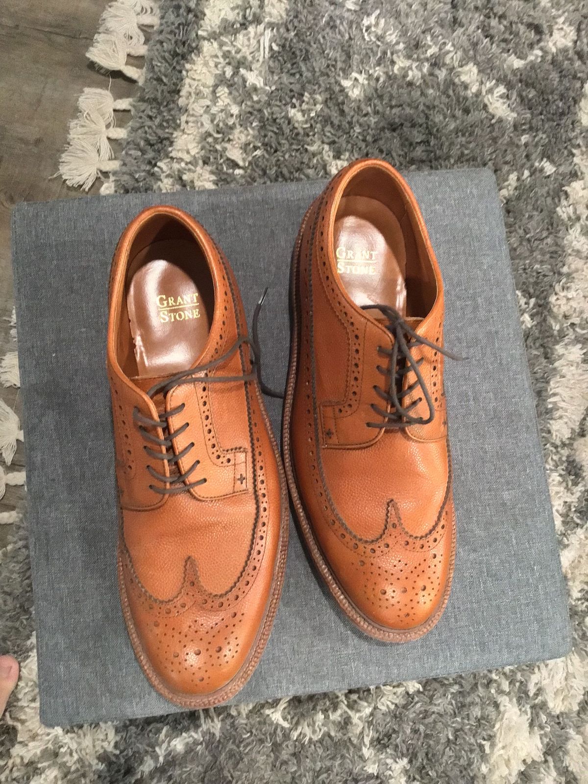 Photo by patinathunderdome on October 5, 2021 of the Grant Stone Plain Toe Blucher in Horween Brown Pebble Grain.