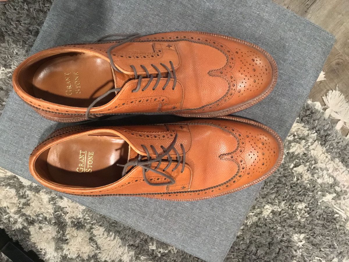 Photo by patinathunderdome on October 5, 2021 of the Grant Stone Plain Toe Blucher in Horween Brown Pebble Grain.