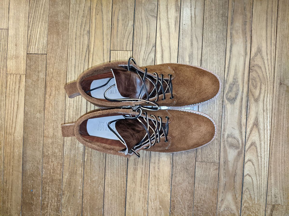 Photo by patinathunderdome on October 1, 2021 of the Mark Albert Outrider Boot in C.F. Stead Peanut Kudu Reverse.