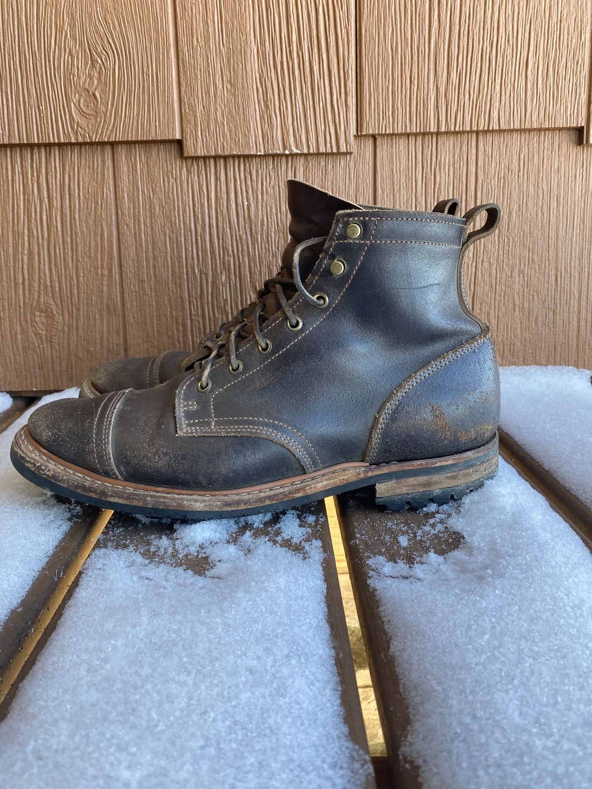 Photo by patinathunderdome on January 2, 2022 of the Truman Service Boot in Horween Java Waxed Flesh.