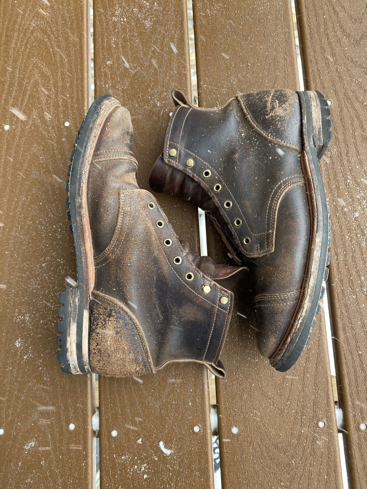 Photo by patinathunderdome on March 5, 2022 of the Truman Service Boot in Horween Java Waxed Flesh.