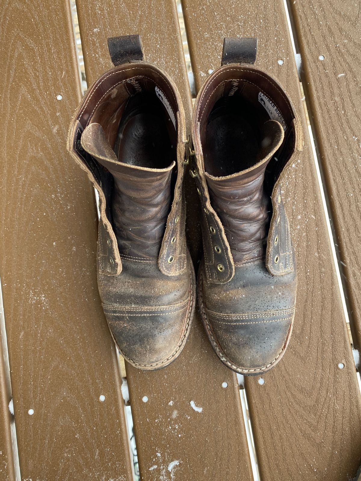 Photo by patinathunderdome on March 5, 2022 of the Truman Service Boot in Horween Java Waxed Flesh.