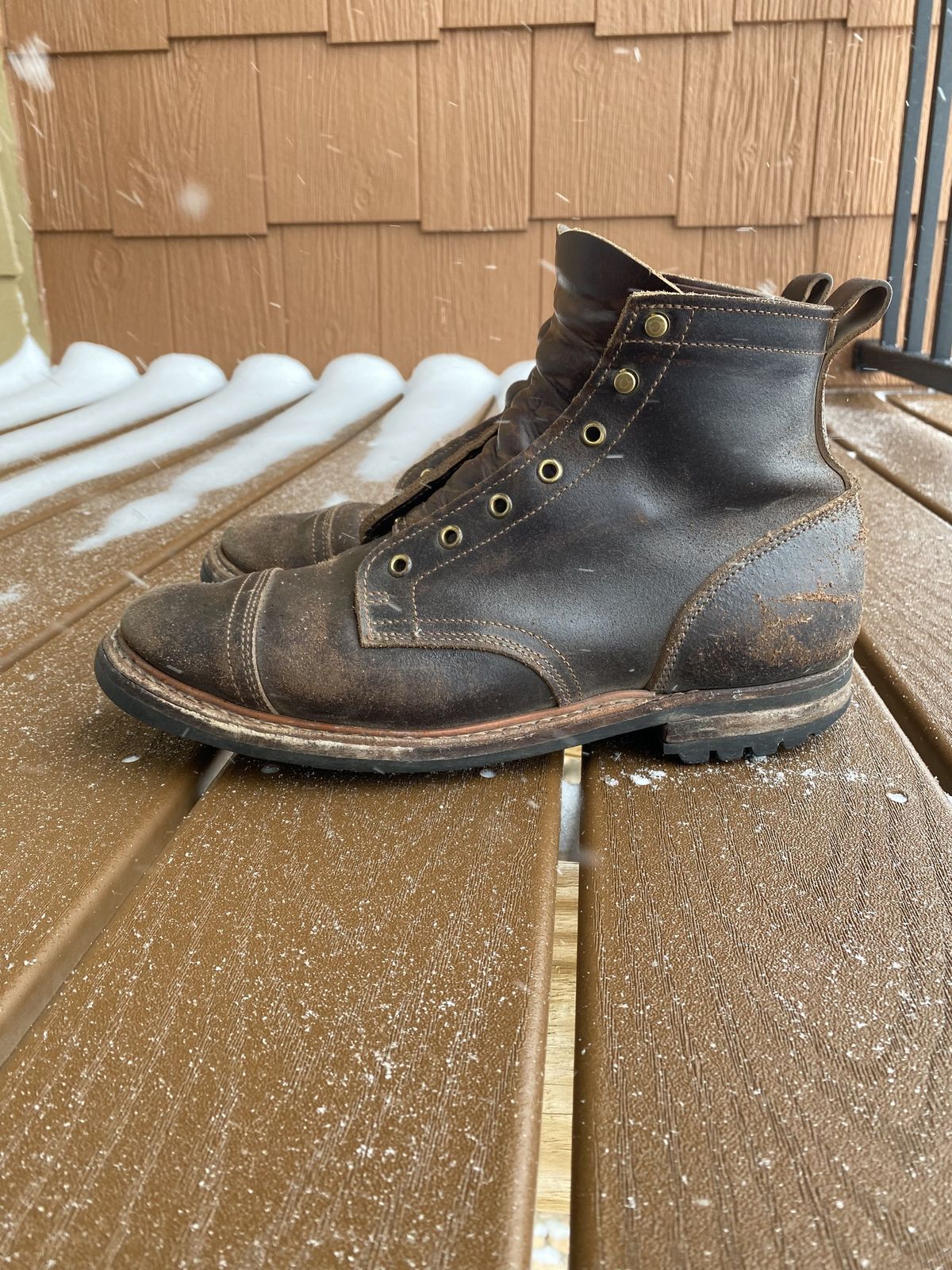 Photo by patinathunderdome on March 5, 2022 of the Truman Service Boot in Horween Java Waxed Flesh.