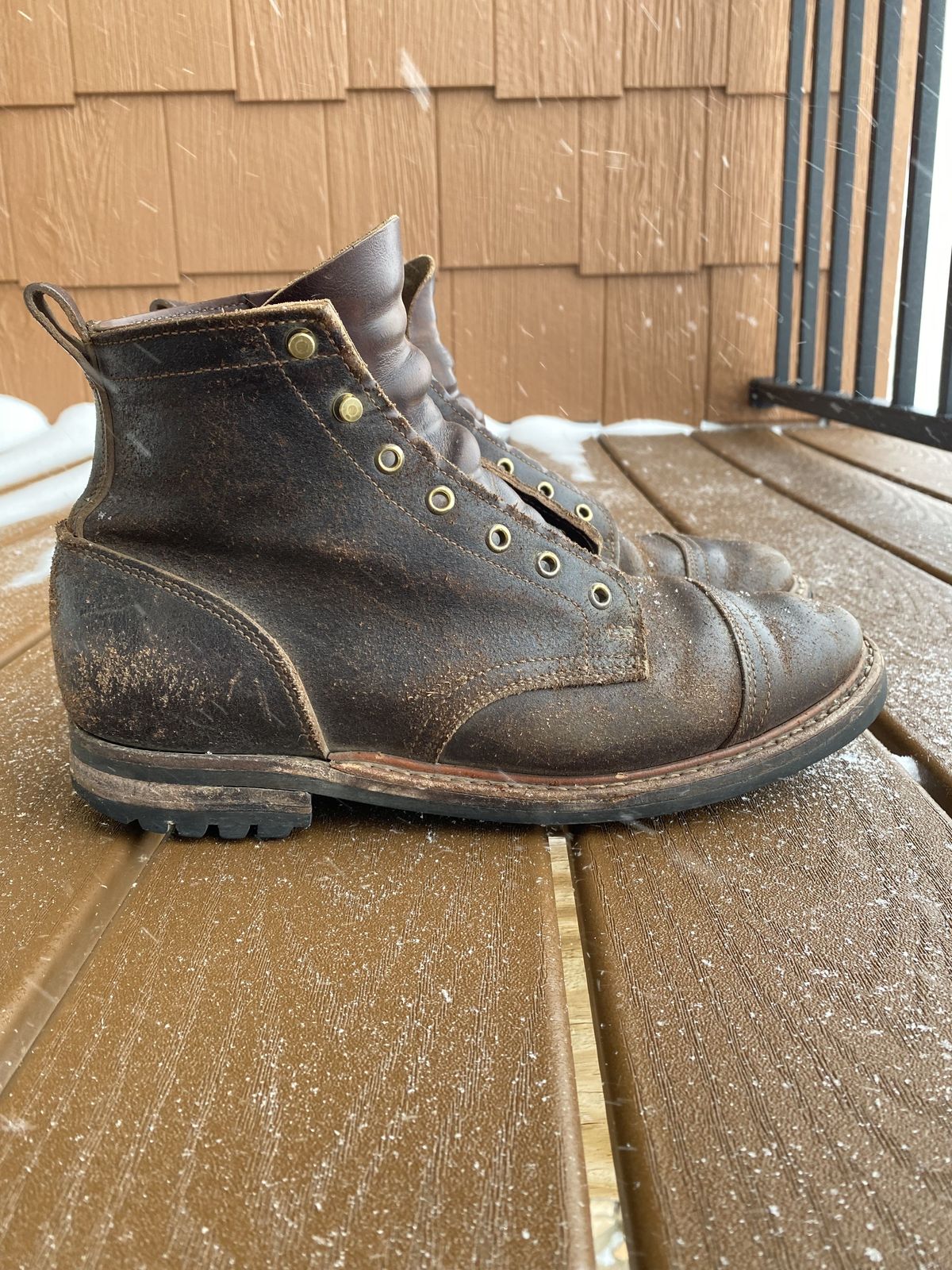 Photo by patinathunderdome on March 5, 2022 of the Truman Service Boot in Horween Java Waxed Flesh.