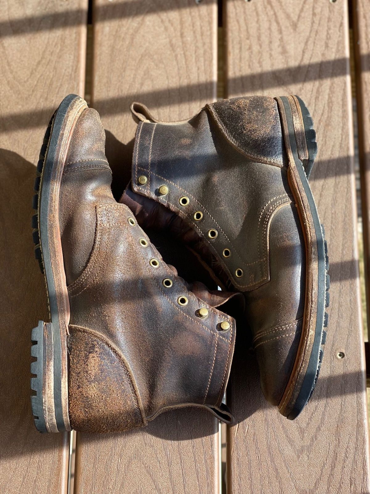 Photo by patinathunderdome on May 1, 2022 of the Truman Service Boot in Horween Java Waxed Flesh.