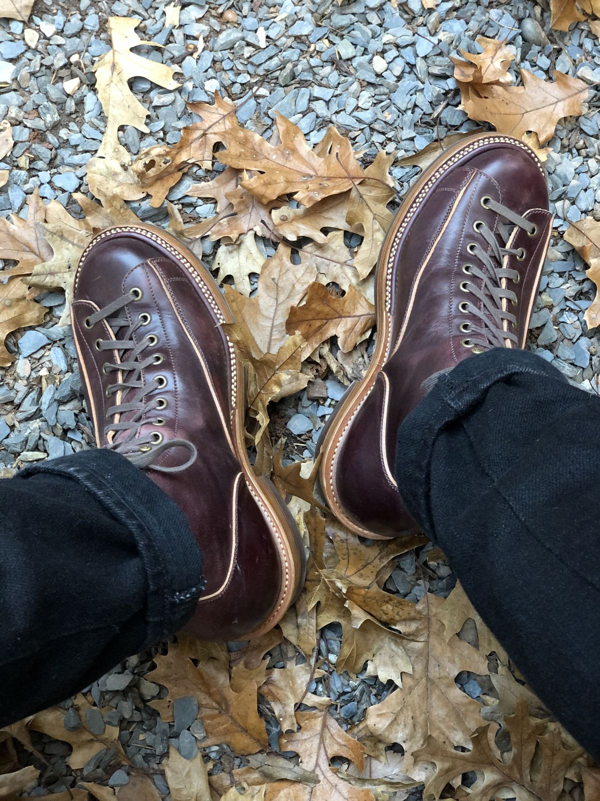Photo by patinathunderdome on December 3, 2021 of the Flame Panda Monkey Boot in Conceria Cloe Burgundy Horsebutt.
