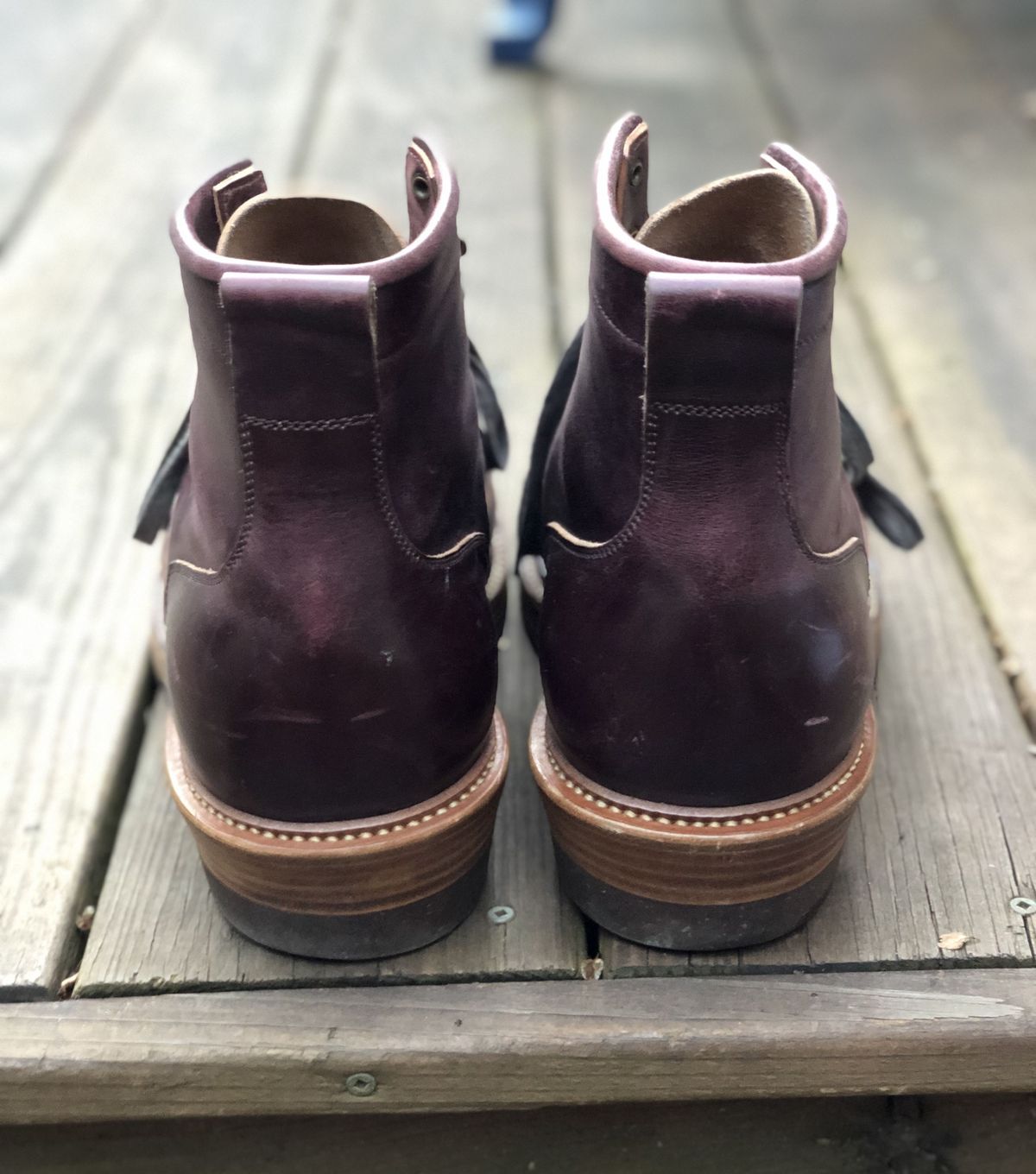 Photo by patinathunderdome on January 5, 2022 of the Flame Panda Monkey Boot in Conceria Cloe Burgundy Horsebutt.