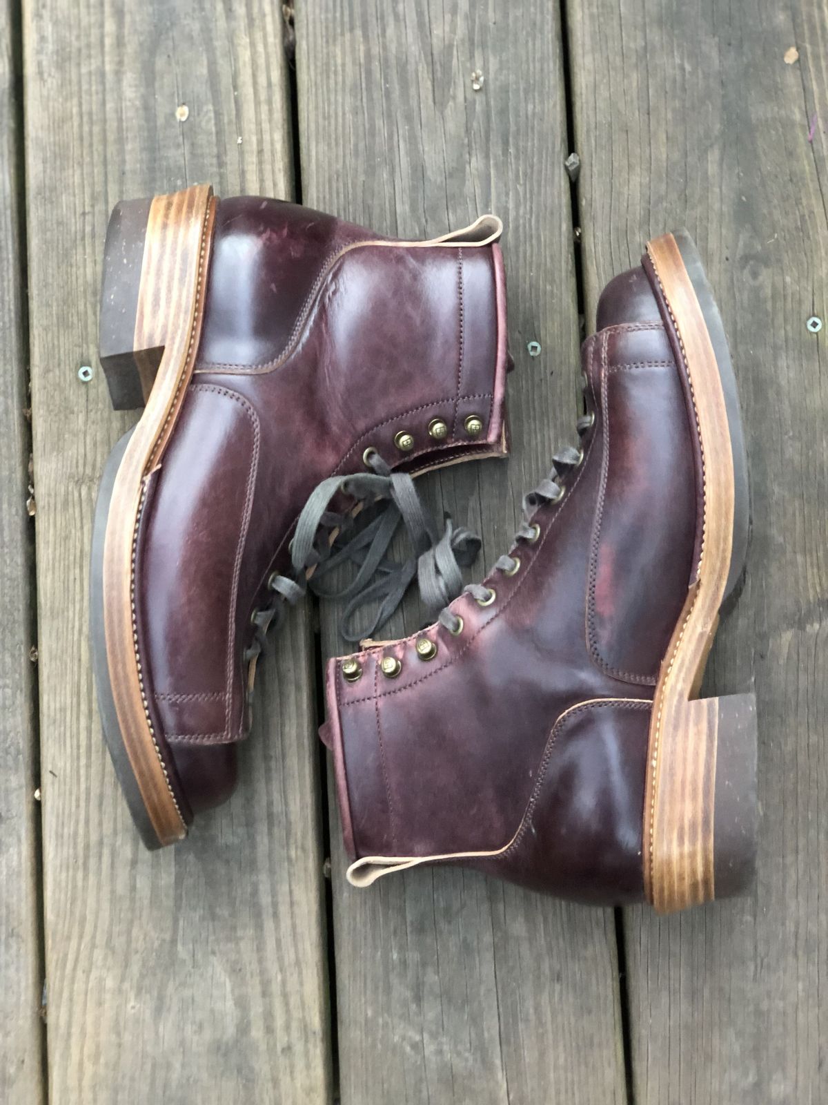 Photo by patinathunderdome on January 5, 2022 of the Flame Panda Monkey Boot in Conceria Cloe Burgundy Horsebutt.