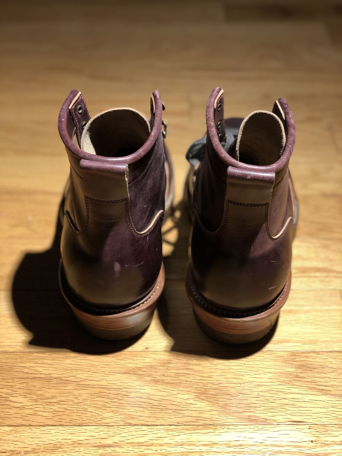 Photo by patinathunderdome on February 5, 2022 of the Flame Panda Monkey Boot in Conceria Cloe Burgundy Horsebutt.