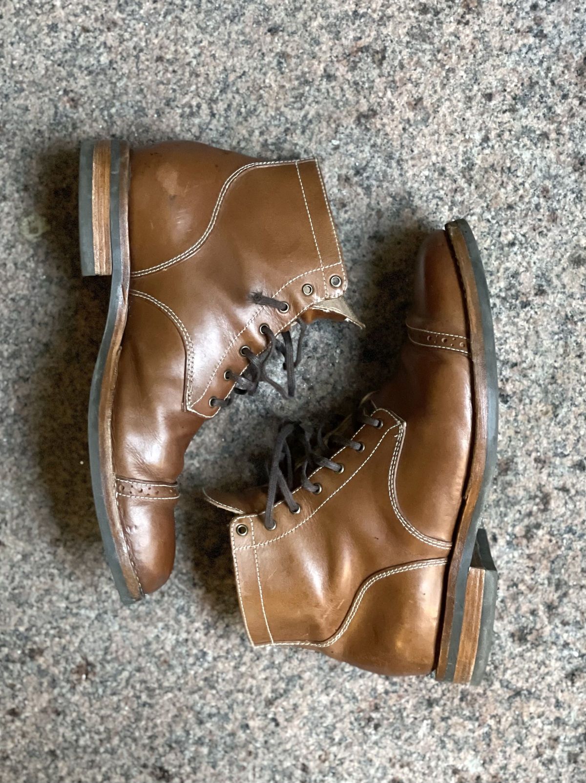 Photo by patinathunderdome on November 5, 2021 of the Aitta Handmade Brogue Cap Toe Service Boot in Conceria Walpier Whisky Buttero.