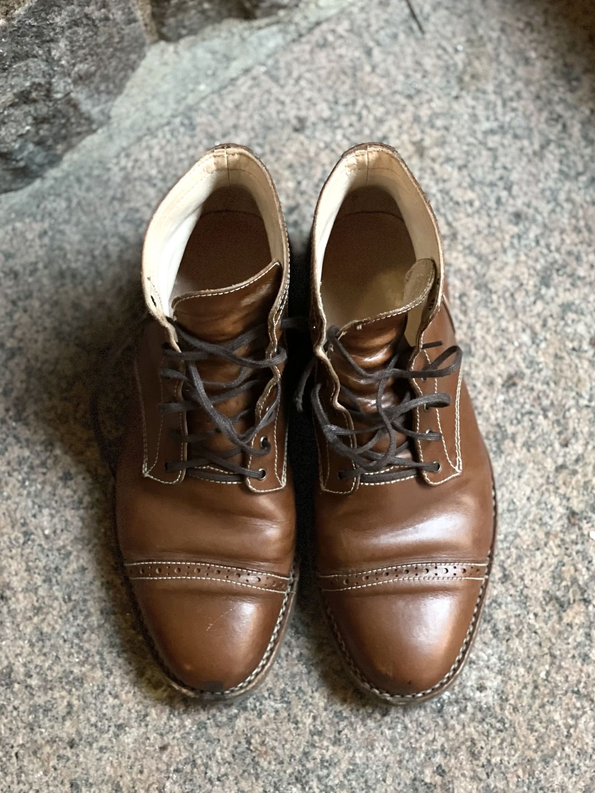 Photo by patinathunderdome on November 5, 2021 of the Aitta Handmade Brogue Cap Toe Service Boot in Conceria Walpier Whisky Buttero.