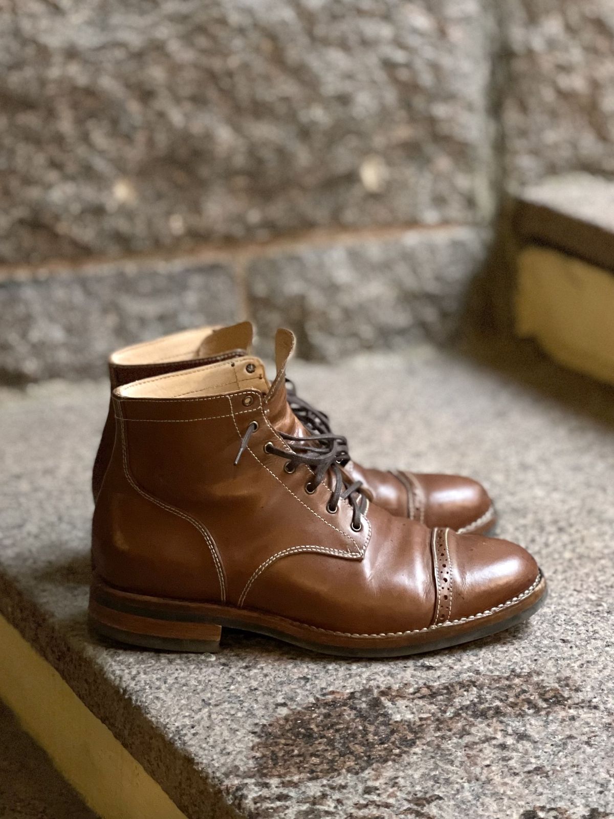 Photo by patinathunderdome on November 5, 2021 of the Aitta Handmade Brogue Cap Toe Service Boot in Conceria Walpier Whisky Buttero.