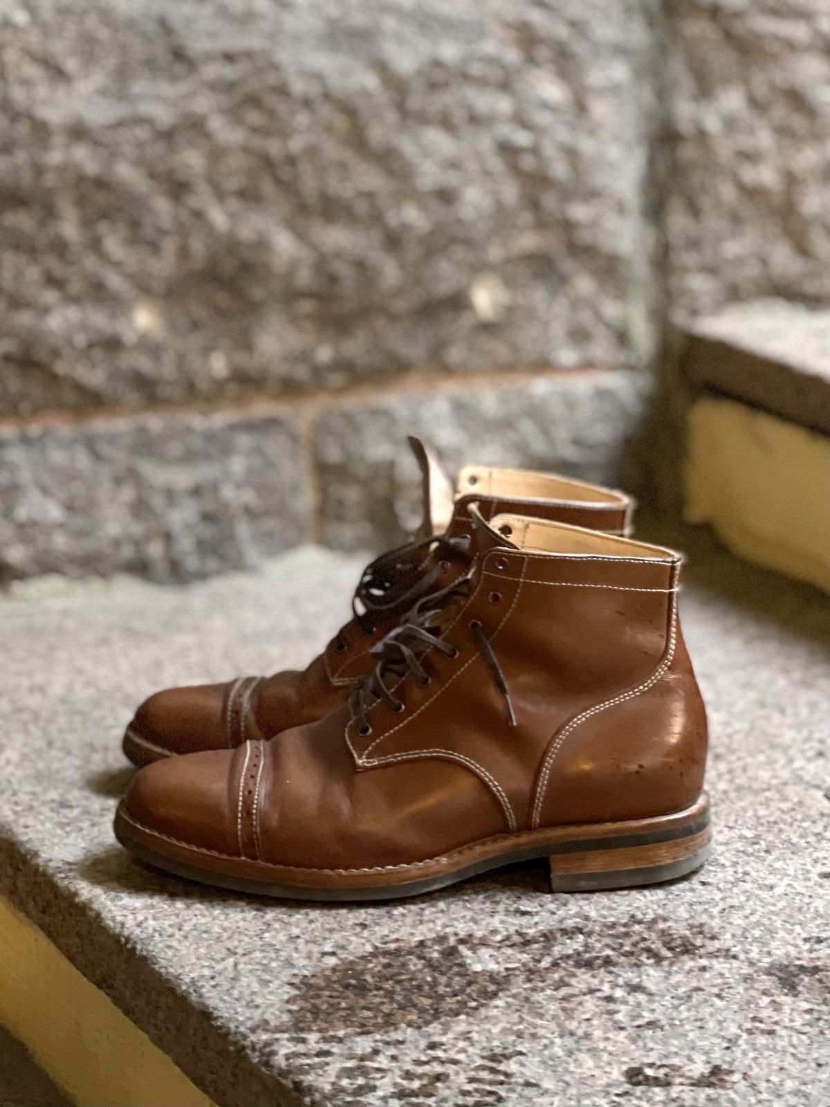 Photo by patinathunderdome on November 5, 2021 of the Aitta Handmade Brogue Cap Toe Service Boot in Conceria Walpier Whisky Buttero.