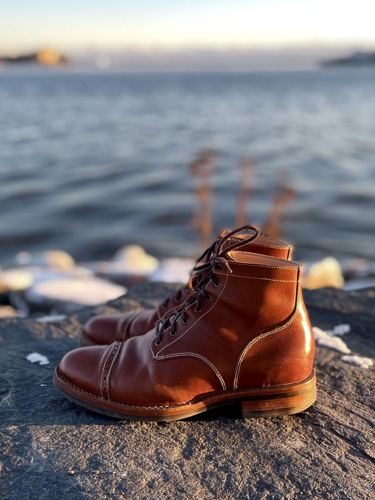 Photo by patinathunderdome on December 5, 2021 of the Aitta Handmade Brogue Cap Toe Service Boot in Conceria Walpier Whisky Buttero.