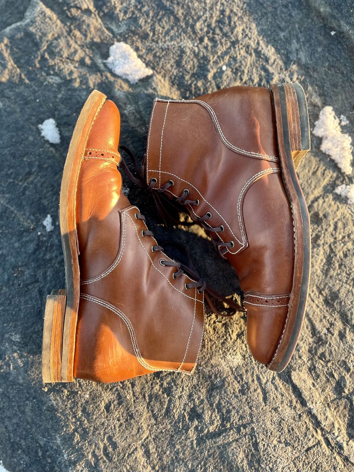 Photo by patinathunderdome on December 5, 2021 of the Aitta Handmade Brogue Cap Toe Service Boot in Conceria Walpier Whisky Buttero.
