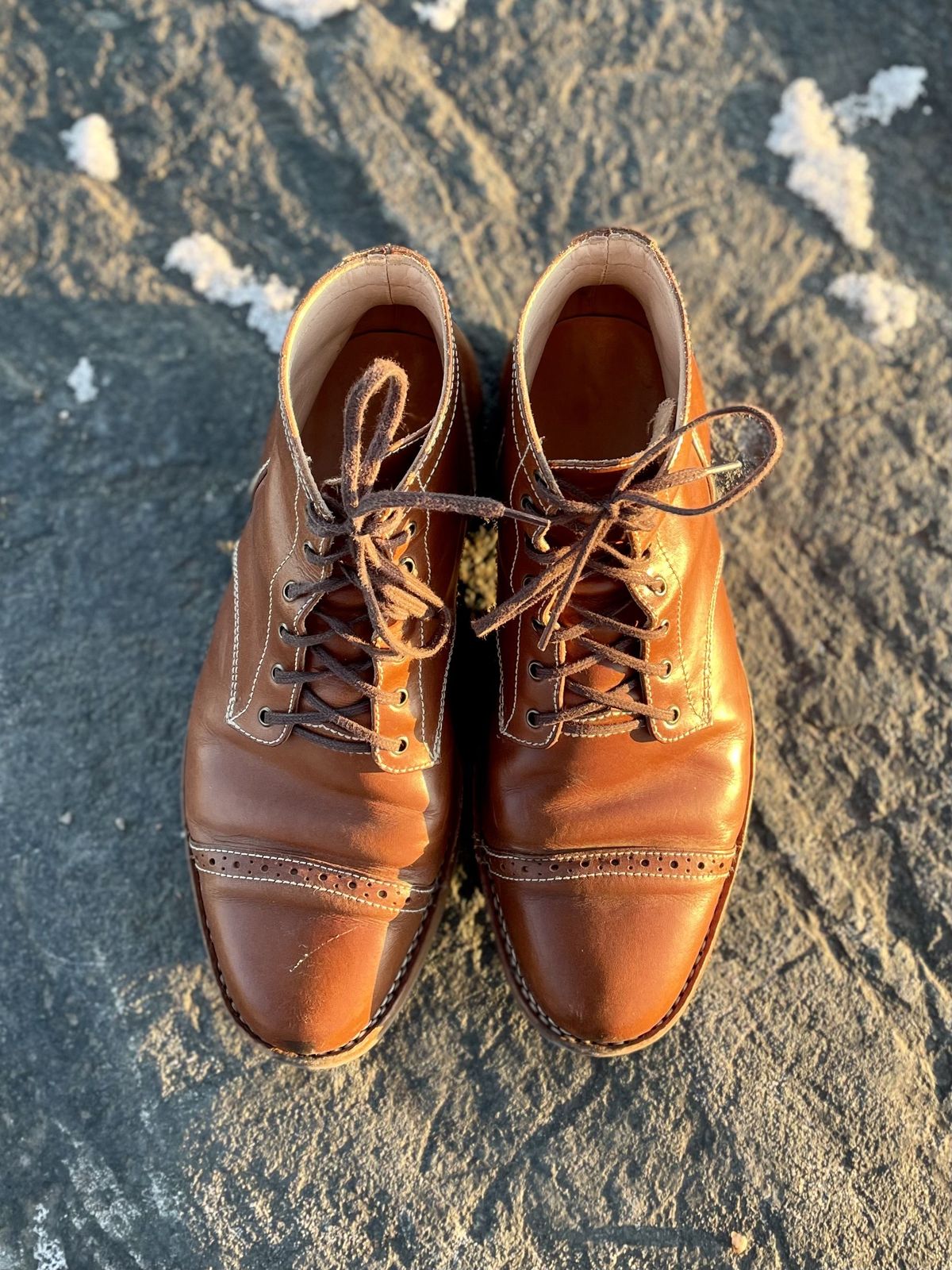 Photo by patinathunderdome on December 5, 2021 of the Aitta Handmade Brogue Cap Toe Service Boot in Conceria Walpier Whisky Buttero.