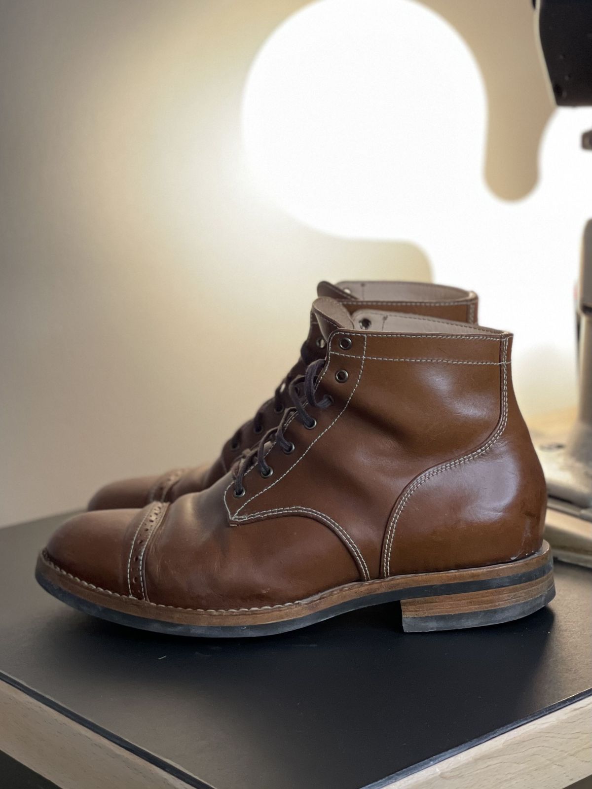 Photo by patinathunderdome on January 5, 2022 of the Aitta Handmade Brogue Cap Toe Service Boot in Conceria Walpier Whisky Buttero.