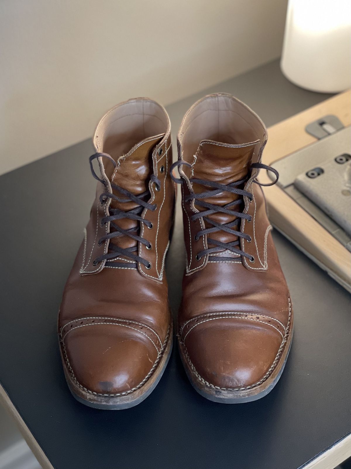 Photo by patinathunderdome on January 5, 2022 of the Aitta Handmade Brogue Cap Toe Service Boot in Conceria Walpier Whisky Buttero.
