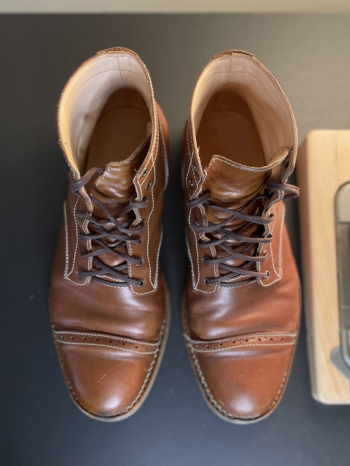 Photo by patinathunderdome on January 5, 2022 of the Aitta Handmade Brogue Cap Toe Service Boot in Conceria Walpier Whisky Buttero.