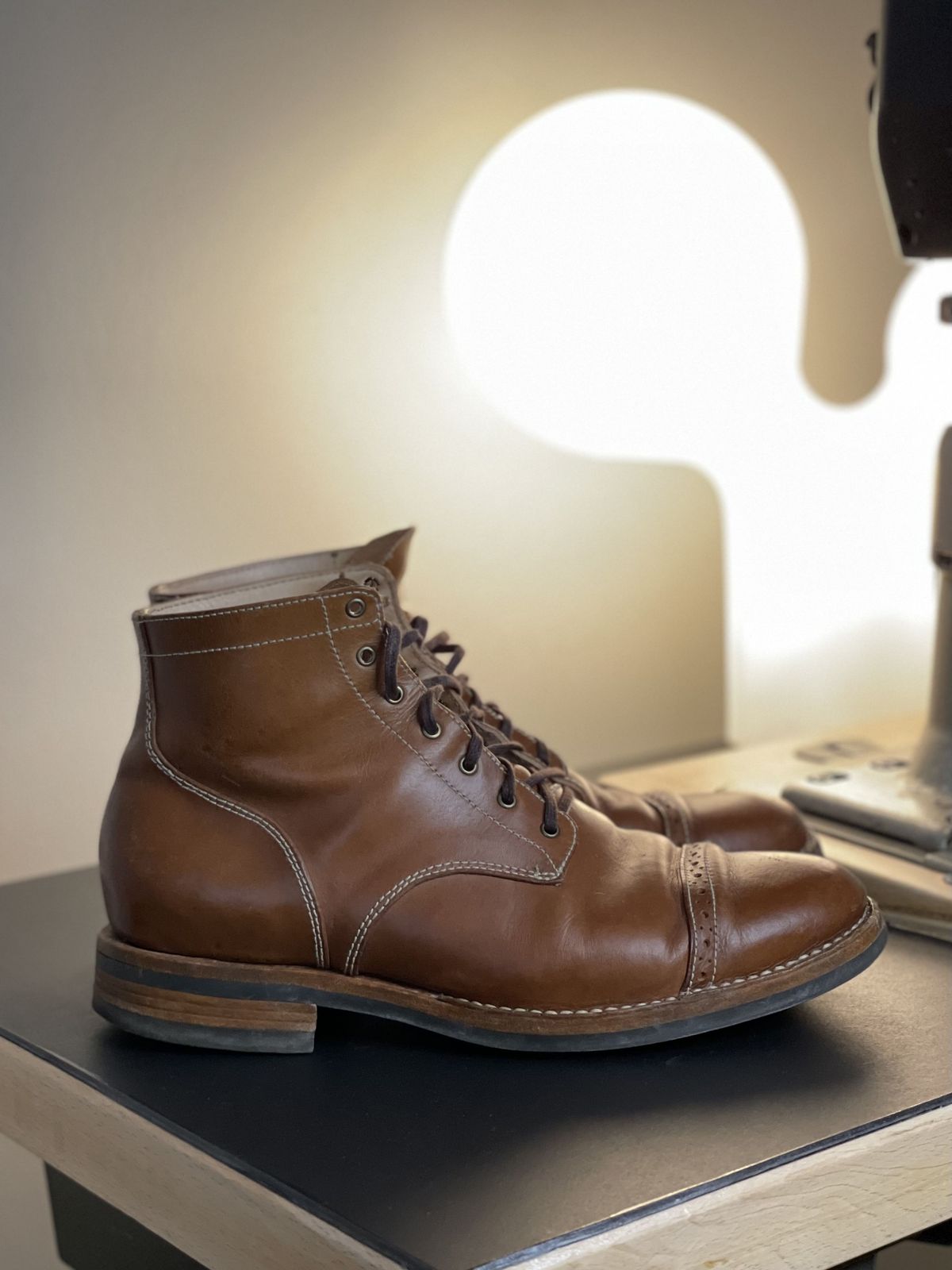 Photo by patinathunderdome on January 5, 2022 of the Aitta Handmade Brogue Cap Toe Service Boot in Conceria Walpier Whisky Buttero.