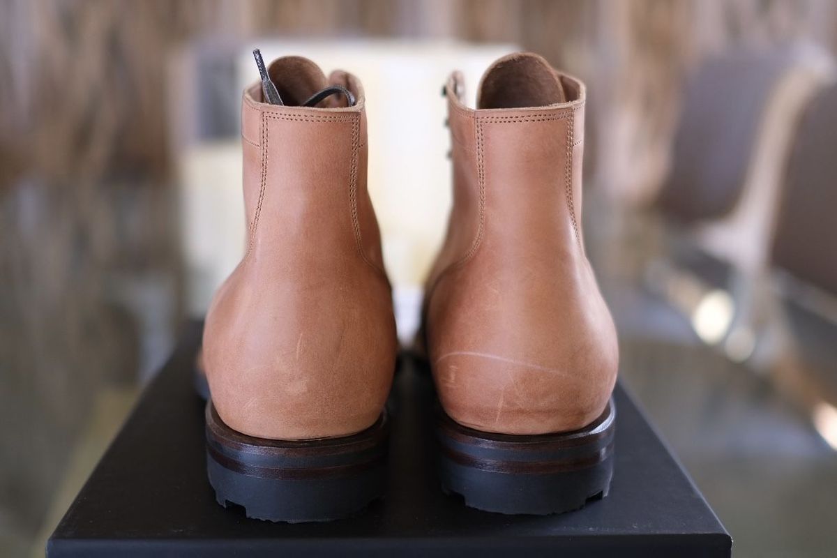 Photo by patinathunderdome on October 5, 2021 of the Viberg Service Boot in Maryam Used Cuoio Vitello Calf.