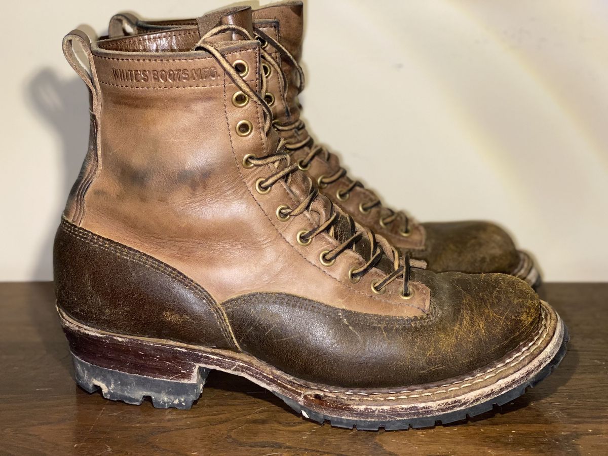 Photo by patinathunderdome on November 3, 2021 of the White's Logger in Horween Cinnamon Waxed Flesh.