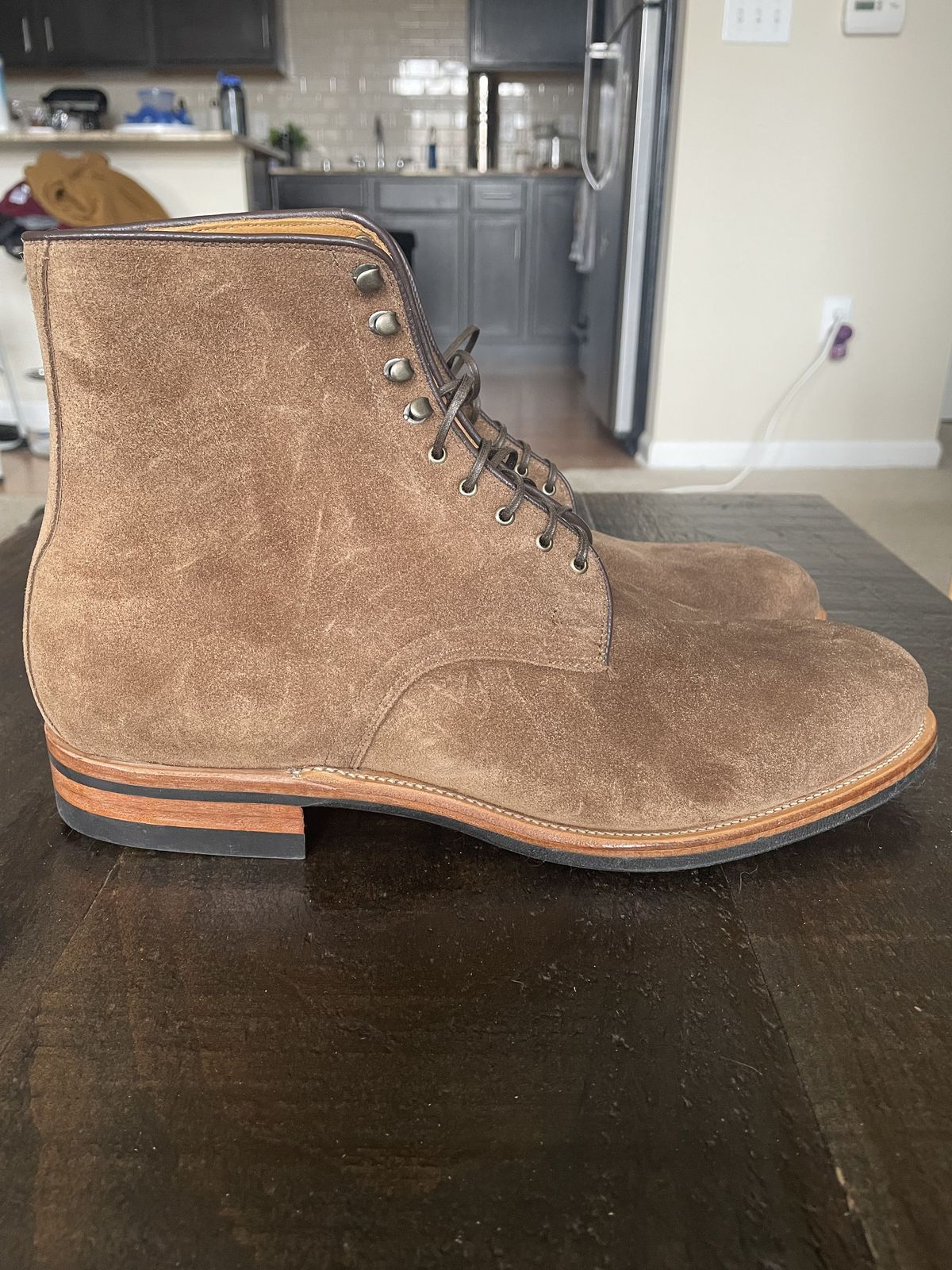 Photo by patinathunderdome on September 30, 2021 of the Viberg Halkett in C.F. Stead Snuff Bison Calf Suede.
