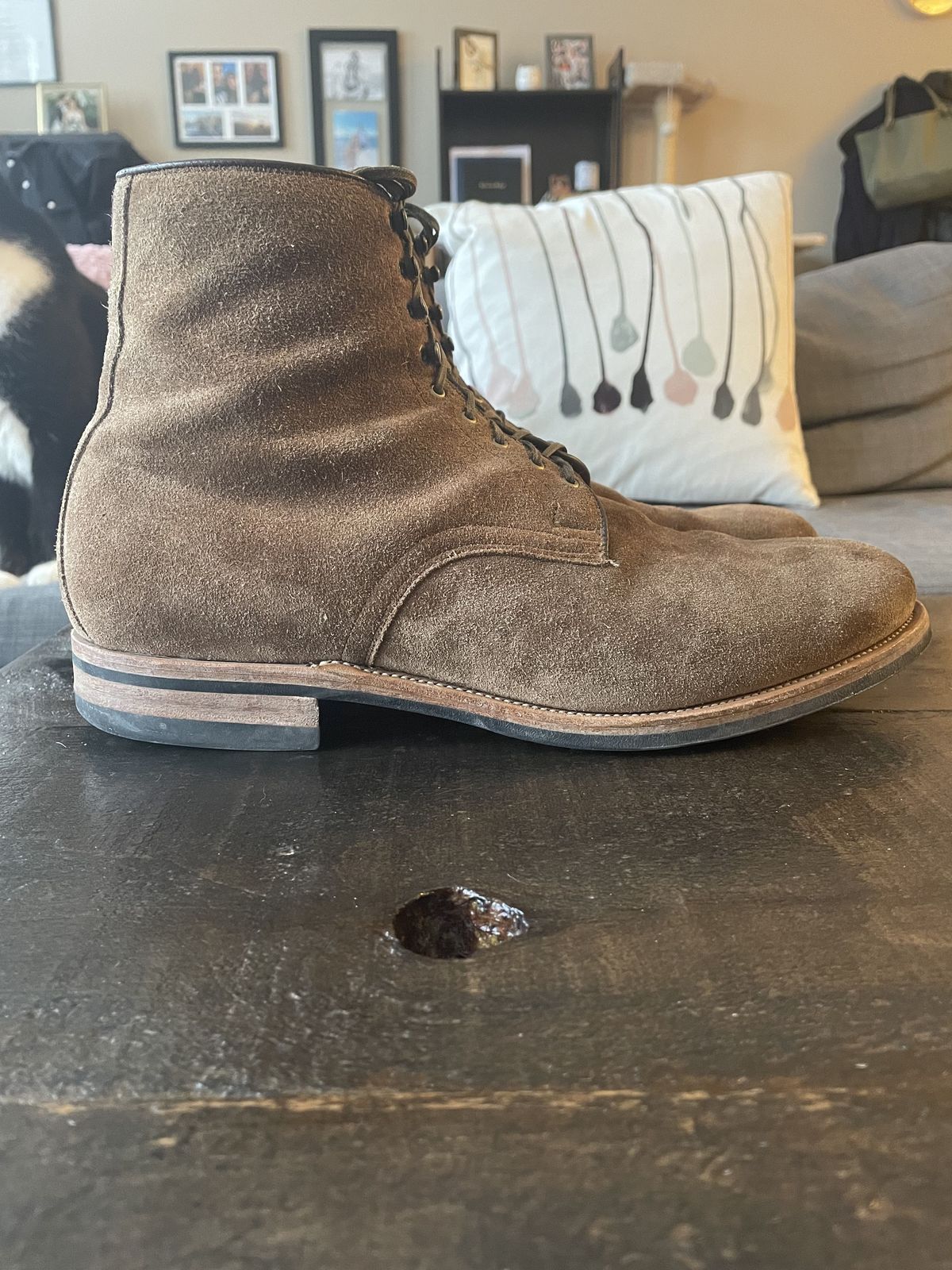 Photo by patinathunderdome on February 3, 2022 of the Viberg Halkett in C.F. Stead Snuff Bison Calf Suede.
