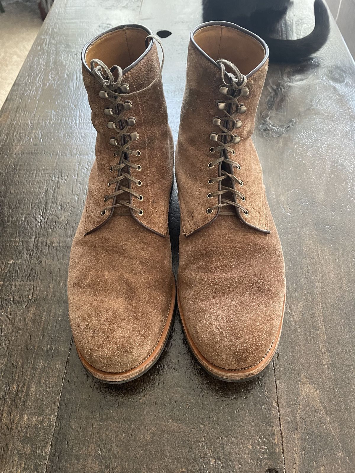 Photo by patinathunderdome on March 2, 2022 of the Viberg Halkett in C.F. Stead Snuff Bison Calf Suede.