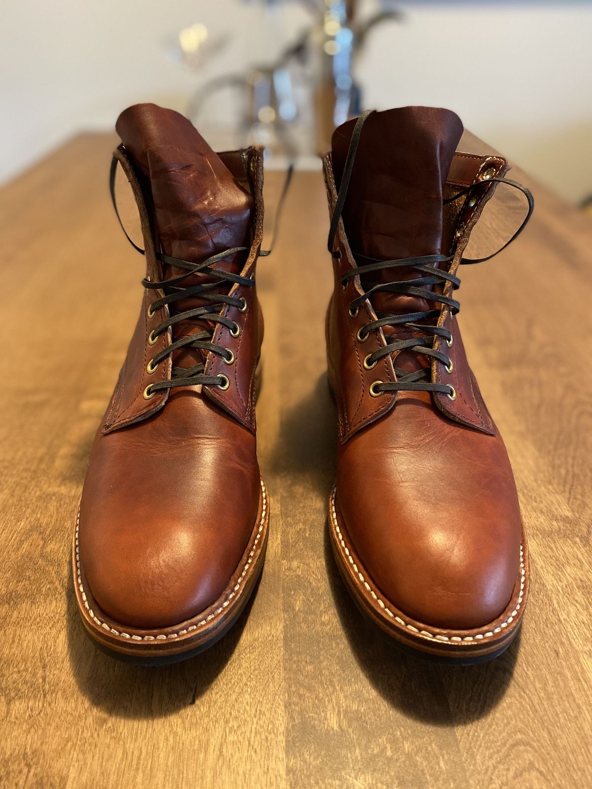 Photo by patinathunderdome on September 30, 2021 of the White's MP-Sherman Plain Toe in Wickett & Craig Red Latigo.