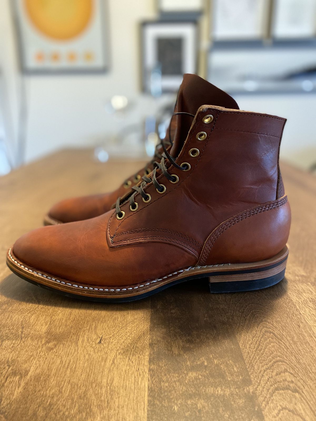 Photo by patinathunderdome on September 30, 2021 of the White's MP-Sherman Plain Toe in Wickett & Craig Red Latigo.